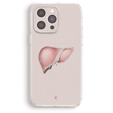 a phone case with a pink liver illustration on it.