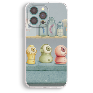 a phone case with a colorful illustration of three small, cartoonish-looking objects arranged on a shelf.