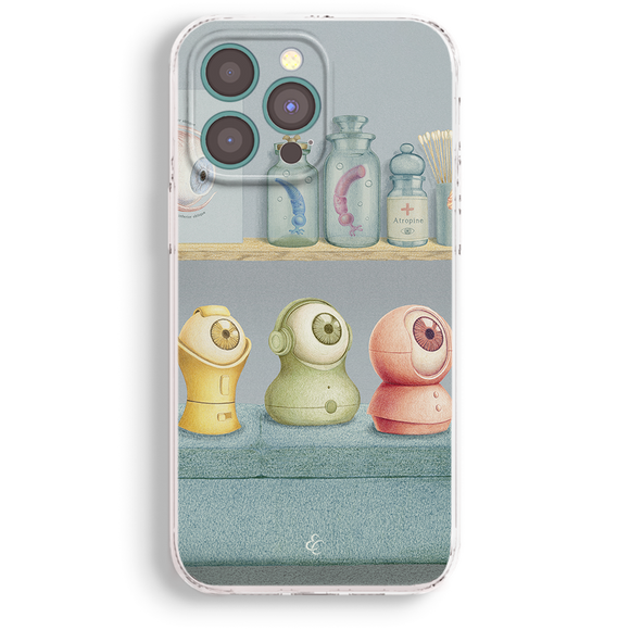 a phone case with a colorful illustration of three small, cartoonish-looking objects arranged on a shelf.