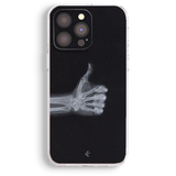 a phone case with a black background and a white skeleton hand giving a thumbs up gesture.