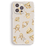 a phone case with a repeating pattern of various skull and vertebrae illustrations.