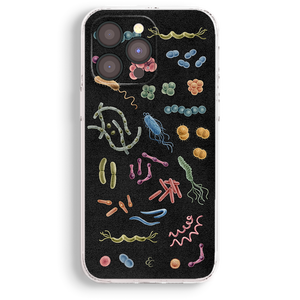 a phone case with a black background and various colorful bacteria and viruses depicted on it.
