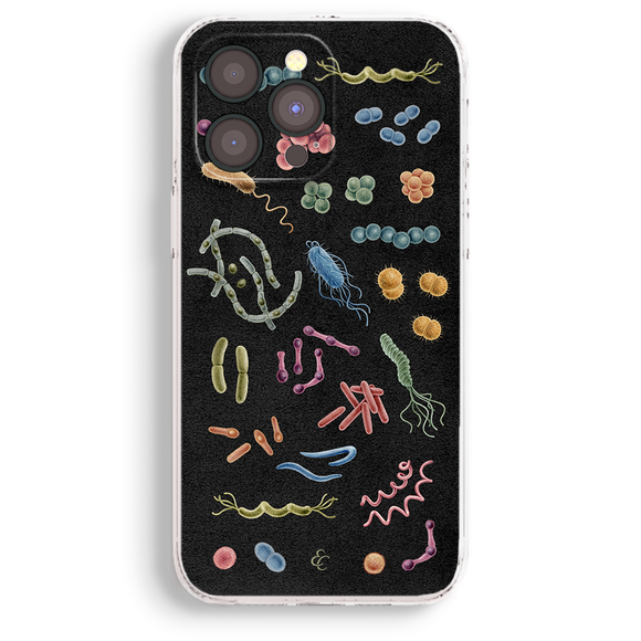 a phone case with a black background and various colorful bacteria and viruses depicted on it.