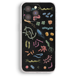 a phone case with a black background and various colorful bacteria and viruses depicted on it.