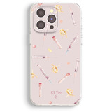 a phone case with a pink background and various medical-themed illustrations, including syringes, pills, and other medical equipment.