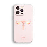 a phone case with a pink design depicting an illustration of a female reproductive system.