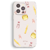 a phone case with a pattern of various bottles and containers, including a syringe, arranged in a visually appealing manner.