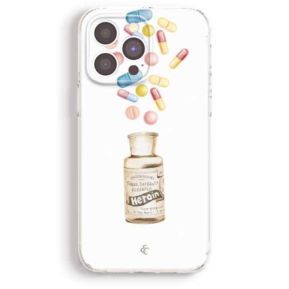 a bottle of Heroin with pills falling out of it, along with a collection of colorful pills scattered around the bottle.