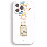 a bottle of Heroin with pills falling out of it, along with a collection of colorful pills scattered around the bottle.